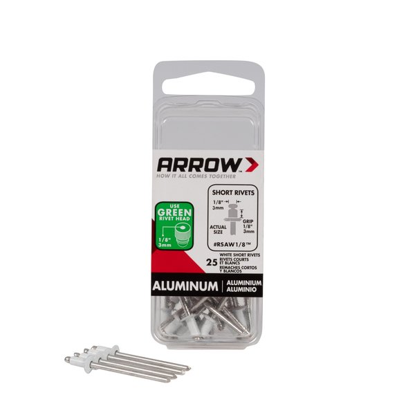 Arrow Fastener Rivet, 1/8" Dia., 1/8" L, Aluminum Body, 25 PK RSAW1/8